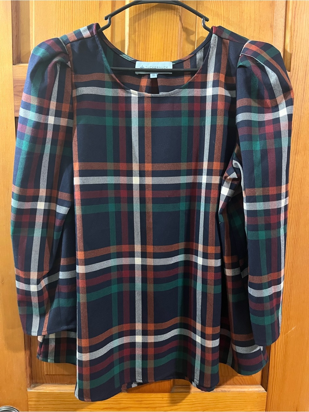 Tuckernuck Women’s L Plaid Puff Sleeve Blouse Blue Tartan Holiday Long Sleeve